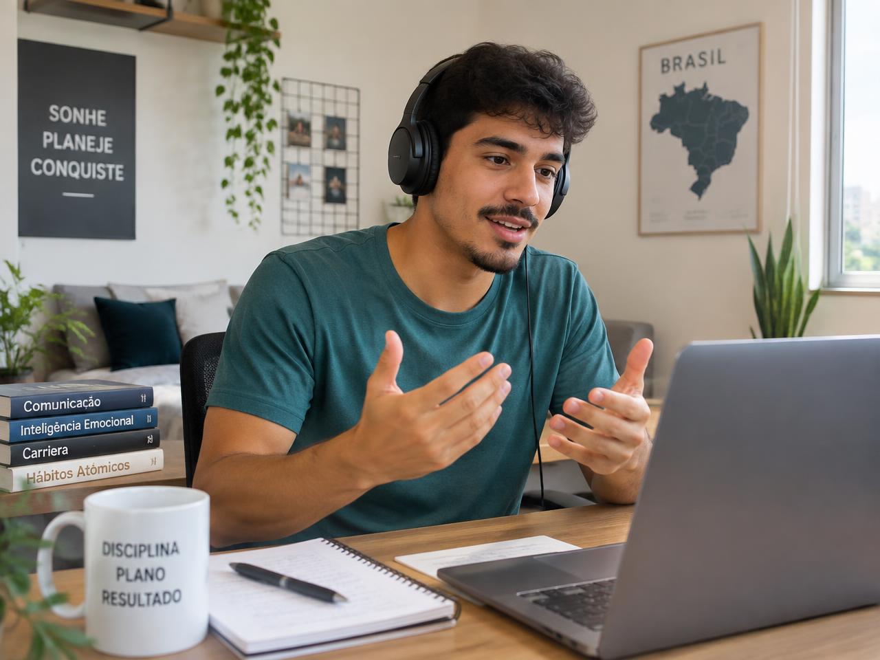 Homem com fones de ouvido treinando respostas de entrevista no notebook