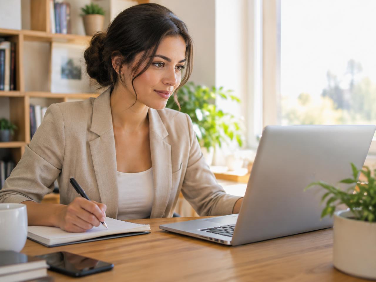 Profissional analisando o perfil do LinkedIn no notebook e anotando melhorias
